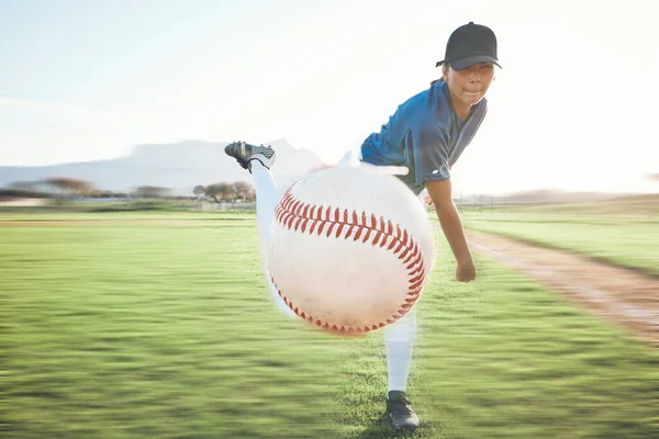 Person, baseball and pitching a ball outdoor on a sports pitch for performance and competition. Professional athlete or softball player throw for a game, training or exercise challenge on a field.