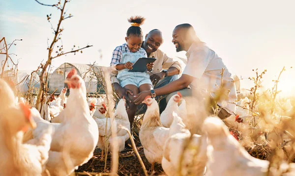 Family, chicken farm support and gay parents in countryside with sustainability, agriculture help and kid. Hug, farming and child together with parent love and support with bird and animal livestock.