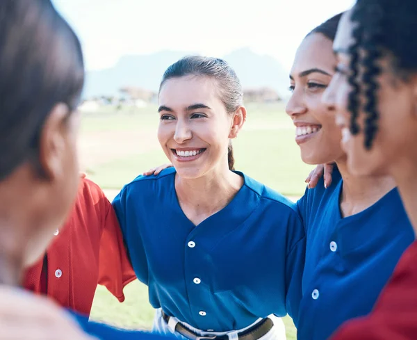 Sports team, baseball or friends in huddle for fitness, competition or game. Teamwork, happy and group of women on a softball field for planning, training and communication or funny conversation.
