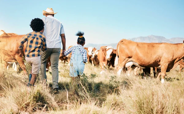 Farm, family and cow, agriculture and livestock with man and kids, sustainability and agro business in countryside. Farmer, children and walk in field, environment and cattle animal outdoor with back.