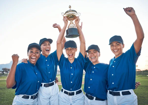 Baseball, trophy and winning team portrait with women outdoor on a pitch for sports competition. Professional athlete or softball player group celebrate champion prize, win or achievement at a game.