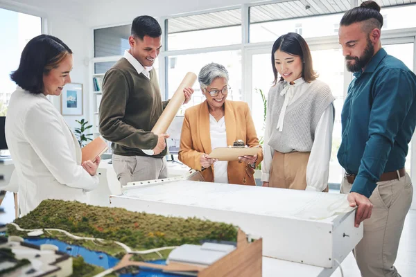Business, group and staff with blueprint, architecture or planning with teamwork, brainstorming or meeting for development. People, engineer or coworkers with paperwork, conversation or collaboration.