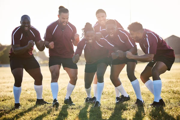Apoyo Del Equipo Feliz Los Hombres Rugby Para Motivación Del —  Fotos de Stock