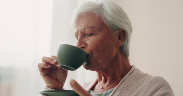 Spokojnie Herbata Starsza Kobieta Pijąca Kubka Salonie Domu Opieki Podczas — Wideo stockowe