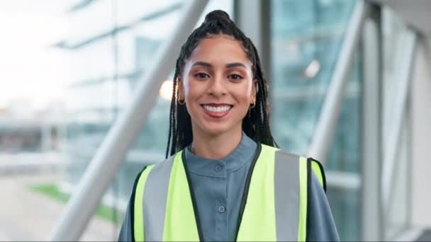 Twarz Uśmiech Inżyniera Kobieta Miejscu Pracy Kariera Budowlana Praca Portret — Wideo stockowe