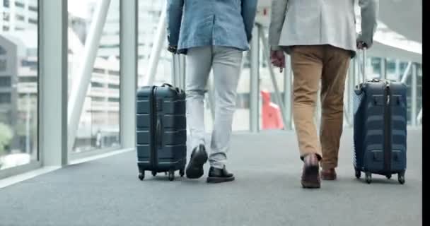 旅行行李 商务人员和腿在机场与手提箱和袋子工作和度假 团体和旅行 有上下班通勤 公司专业人员 带着度假行李到大堂 — 图库视频影像