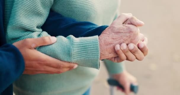Retirement Hands Caregiver Helping Patient Walk Outdoor Exercise Healthcare Closeup — Stock Video