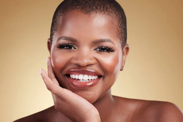 Beauty, smile and portrait a black woman in studio for skincare, glow and cosmetics. Face of happy african model person with facial shine, dermatology and self care for wellness on a beige background.