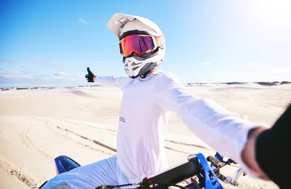 Selfie Motorcycle Man Desert Adventure Nature Sports Outdoor Mockup Space — Stock Photo, Image