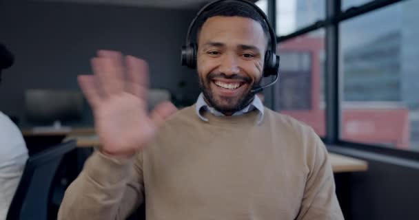 Callcenter Onda Homem Feliz Consultoria Videochamada Serviço Cliente Help Desk — Vídeo de Stock