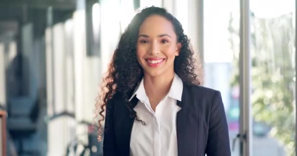 Rostro Sonrisa Una Mujer Negocios Profesional Oficina Con Una Mentalidad — Vídeo de stock