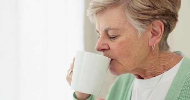 Yaşlı Kadın Kahve Içiyor Emekliliğinde Pencerenin Önünde Dinleniyor Huzur Boş — Stok video