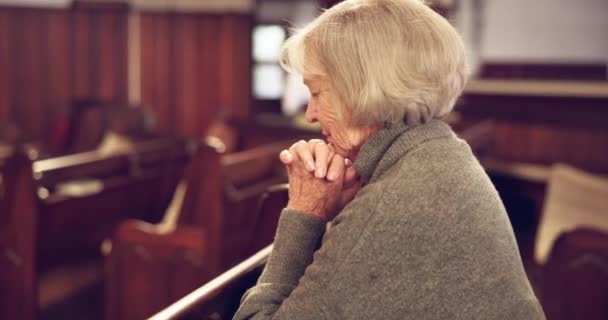 教堂和老年妇女崇拜 赞美和精神上的感激 有信仰的希望 宗教和基督教人士向上帝 耶稣和圣灵祈祷 祈求帮助 支持与和平 — 图库视频影像
