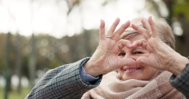 Senior Lycklig Kvinna Hjärta Händer Och Natur För Kärlek Vård — Stockvideo