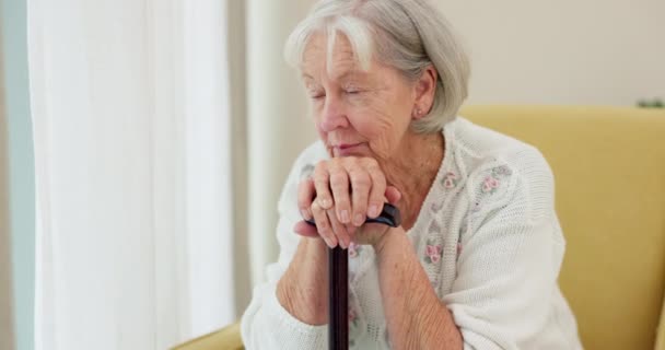 Senior Woman Cane Thinking Home Sofa Remember Memory Relax Retirement — Stock Video