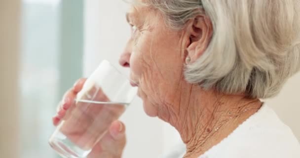 Zdrowa Nawilżona Starsza Kobieta Pijąca Wodę Odnowy Biologicznej Płynnej Diety — Wideo stockowe