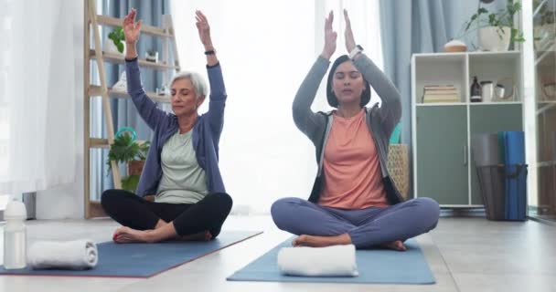 Moeder Volwassen Dochter Yoga Meditatie Fitness Verbondenheid Met Mindfulness Zelfzorg — Stockvideo