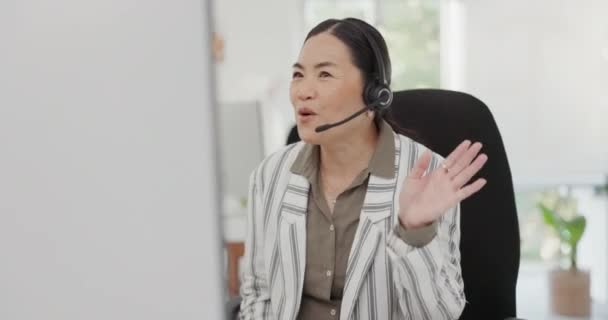 Ασιάτισσα Γυναίκα Τηλεφωνικό Κέντρο Και Κύμα Εικονική Συνάντηση Συζήτηση Εξυπηρέτηση — Αρχείο Βίντεο