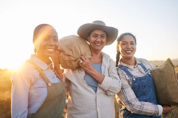 Women, agriculture and group portrait in field, countryside and bag with smile, harvest and farming in summer. Female teamwork, agro job and helping hand in sunset, nature and outdoor in environment.