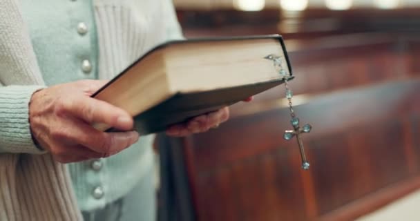 Rozenkrans Bijbel Handen Van Vrouw Kerk Voor God Heilige Geest — Stockvideo