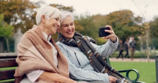 Senioren Frauen Und Selfie Einem Park Glücklich Bindung Und Entspannung — Stockvideo