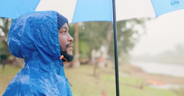Rain Umbrella Peace Black Man Nature Travel Hiking Vacation Adventure — Stock Video