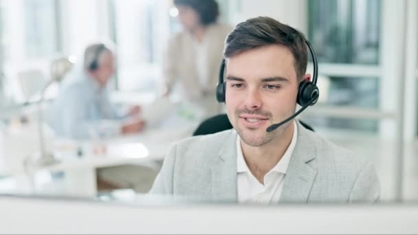 Centro Llamadas Servicio Cliente Hombre Ordenador Hablando Para Obtener Ayuda — Vídeo de stock