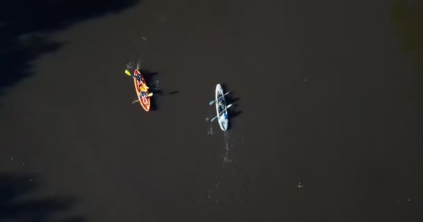 エアリアルビュー カヤック 湖の水上の人々は スポーツと川でのアウトドアアドベンチャー ドローン フィットネス ローイングで休日のトレーニング — ストック動画