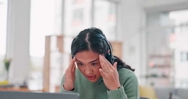 Muncă Distanță Acasă Telemarketing Femeie Dureri Cap Stres Burnout Într — Videoclip de stoc