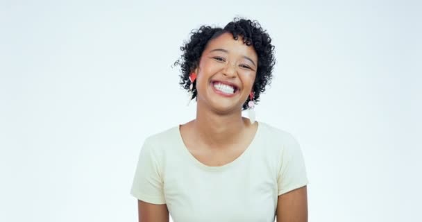 Face Woman Laugh Smile Studio Confidence Joke Good Mood White — Stock Video
