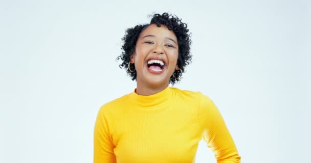 Face Happy Woman Laughing Studio Confidence Joke Good Mood White — Stock Video