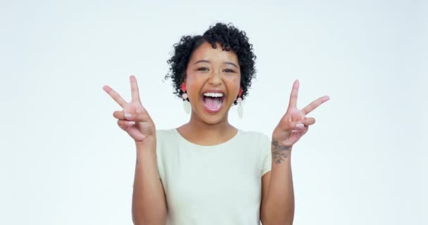 Face Smile Woman Peace Sign Support Excited White Studio Background — Stock Video