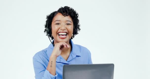 Γυναίκα Laptop Και Πρόσωπο Χαμόγελο Για Τηλεφωνικό Κέντρο Εξυπηρέτηση Πελατών — Αρχείο Βίντεο