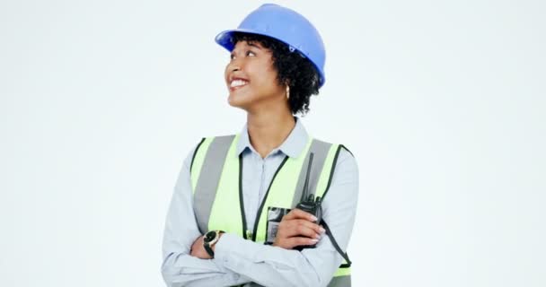 Construcción Feliz Cara Mujer Estudio Con Los Brazos Cruzados Ingeniería — Vídeos de Stock