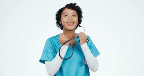 Woman Stethoscope Face Nurse Studio Arms Crossed Healthcare Services Surgery — Stock Video