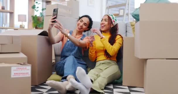 Mujeres Lesbianas Nueva Casa Selfie Con Clave Emocionado Signo Paz — Vídeos de Stock