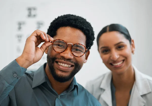 Black man, woman and glasses, eye care in portrait and optometry with health, vision and happiness. Prescription lens, frame choice and healthcare, eyewear and optometrist with wellness and medical.