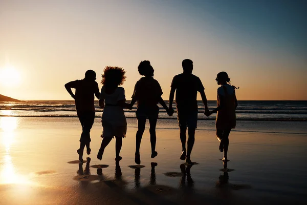 Beach, sunset and back of friends holding hands with freedom, bond and fun on summer vacation. Ocean, silhouette and rear view of people together at the sea for travel, holiday or adventure in Miami.