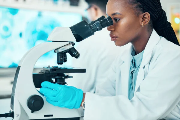 顕微鏡 研究および女性科学者は 医学または医薬品研究のための研究室で 機器による化学のブレークスルーに取り組む専門家 科学者 アフリカの女性研究者 — ストック写真