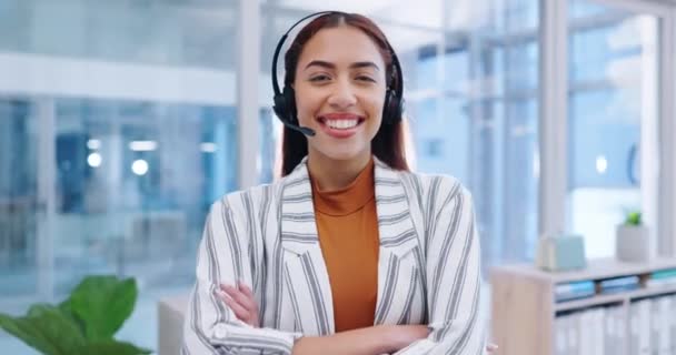 Gesicht Frau Und Lächeln Call Center Für Kundenbetreuung Beratung Und — Stockvideo