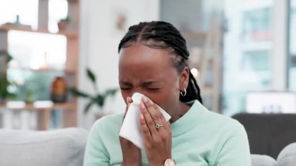 Чихание Кашель Больная Черная Женщина Тканями Диване Аллергии Сенной Лихорадки — стоковое видео