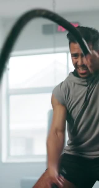 钢丝绳或强壮的男子训练身体 在剧烈运动或有弹性的健身房锻炼 为促进二头肌力量或发育而进行的有氧运动中的刻苦工作 有氧运动或健康运动 — 图库视频影像