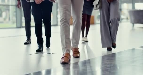 上班族的步行 团体和鞋子 用于在工作 事业和工作中见面 公司的 专业的团队和男女员工的脚踏在地板上移动 走动和协作 — 图库视频影像