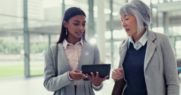 Pebisnis Umpan Balik Dan Wanita Dengan Tablet Percakapan Atau Mencari — Stok Video