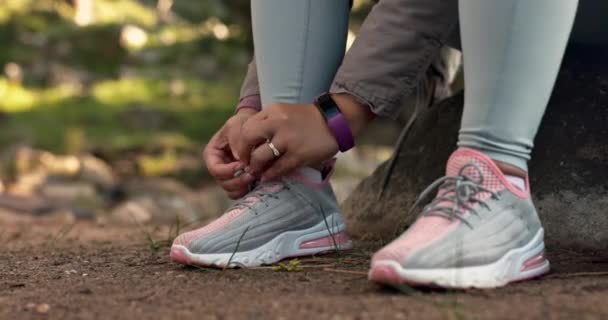 Escursioni Boschi Mani Allacciano Scarpe All Aperto Allenarsi Fare Esercizio — Video Stock