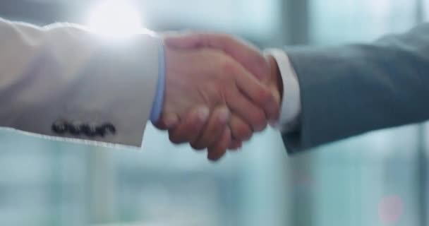 Podnikatelé Potřesení Rukou Setkání Partnerství Nebo Přivítání Představení Řešení Pracovních — Stock video