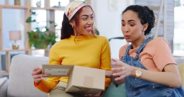 Uau Amigos Mulheres Com Caixa Comércio Eletrônico Presente Presente Transporte — Vídeo de Stock