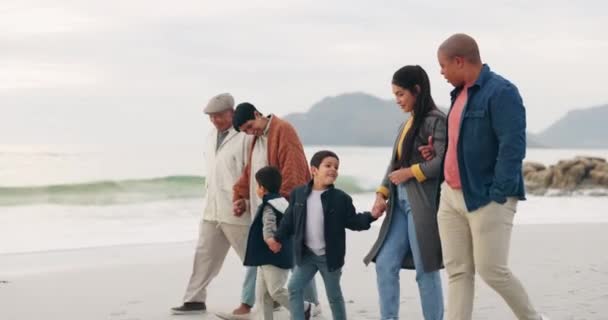 走在沙滩上牵着手 世世代代与海洋同行 信任和团结在户外 大自然和祖父母 父母和孩子 冒险和旅途中的自由 — 图库视频影像