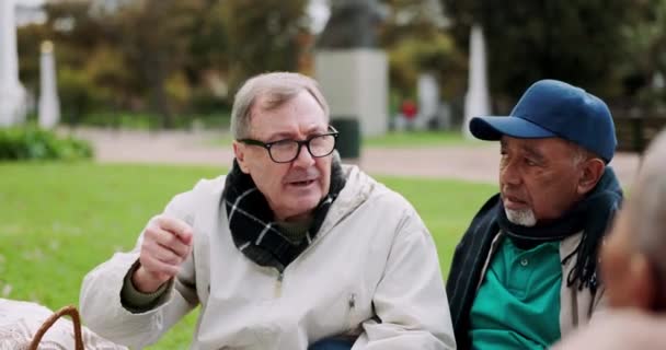 Park Picknick Och Äldre Människor Talar Medan Gräs Tillsammans Morgonen — Stockvideo