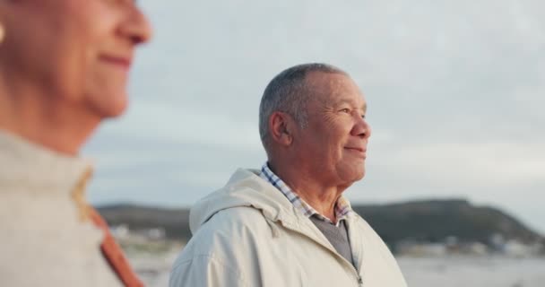 Pasangan Tua Kebahagiaan Dan Pensiun Bersama Pantai Perjalanan Dan Kebebasan — Stok Video
